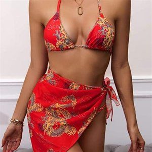 Women's Year Of The Dragon 3 Piece Triangle Bra Bikini Set with Skirt Size Small